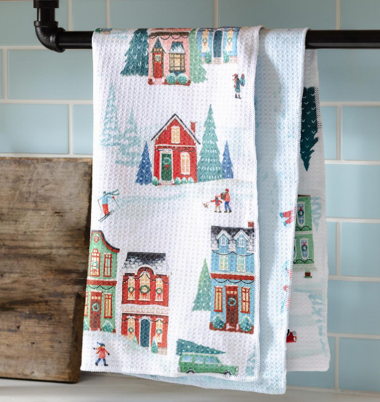 Heartfelt Cheer Christmas Village Quick Dry Waffle Weave Kitchen Towel - Double Sided