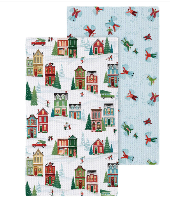 Heartfelt Cheer Christmas Village Quick Dry Waffle Weave Kitchen Towel - Double Sided