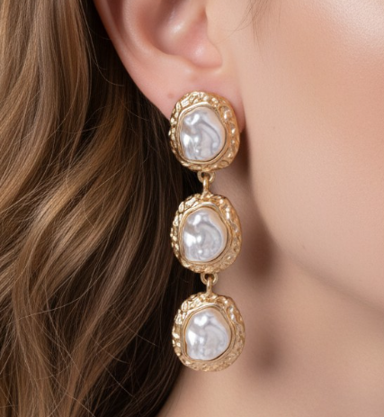 Triple Pearl Hammered Oval Drop Earrings