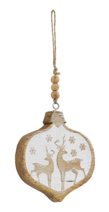 White Washed Winter Forest Deer Wooden Christmas Ornament - 3 Designs