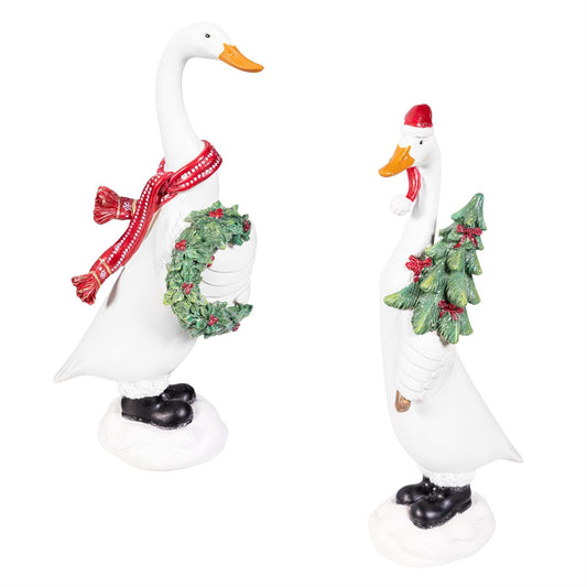 Resin Christmas Goose Statuary 9.5" - 2 Options