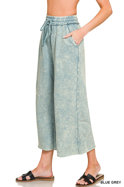 Washed French Terry Palazzo Sweatpants With Pockets