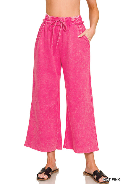 Washed French Terry Palazzo Sweatpants With Pockets