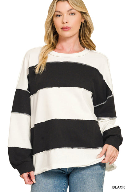 French Terry Wide Stripe Exposed Seam Long Sleeve Top - Color Options