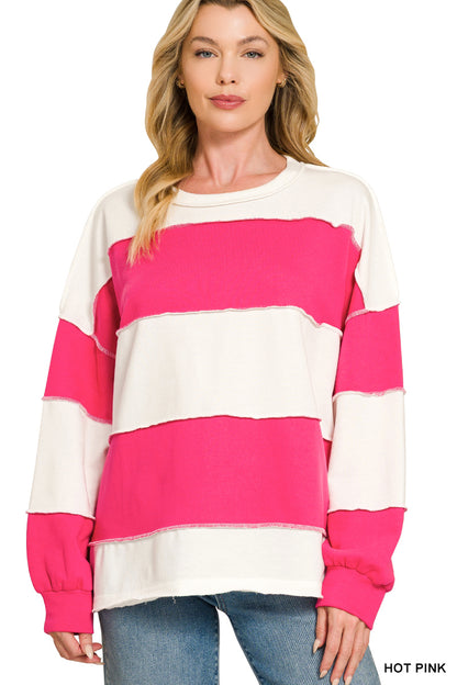 French Terry Wide Stripe Exposed Seam Long Sleeve Top - Color Options