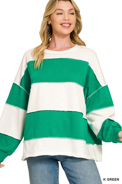French Terry Wide Stripe Exposed Seam Long Sleeve Top - Color Options