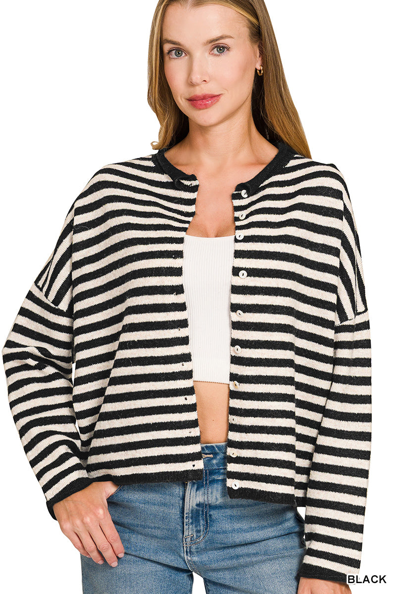 Striped Wool Blend Rolled Edge Button Down Sweater Cardigan