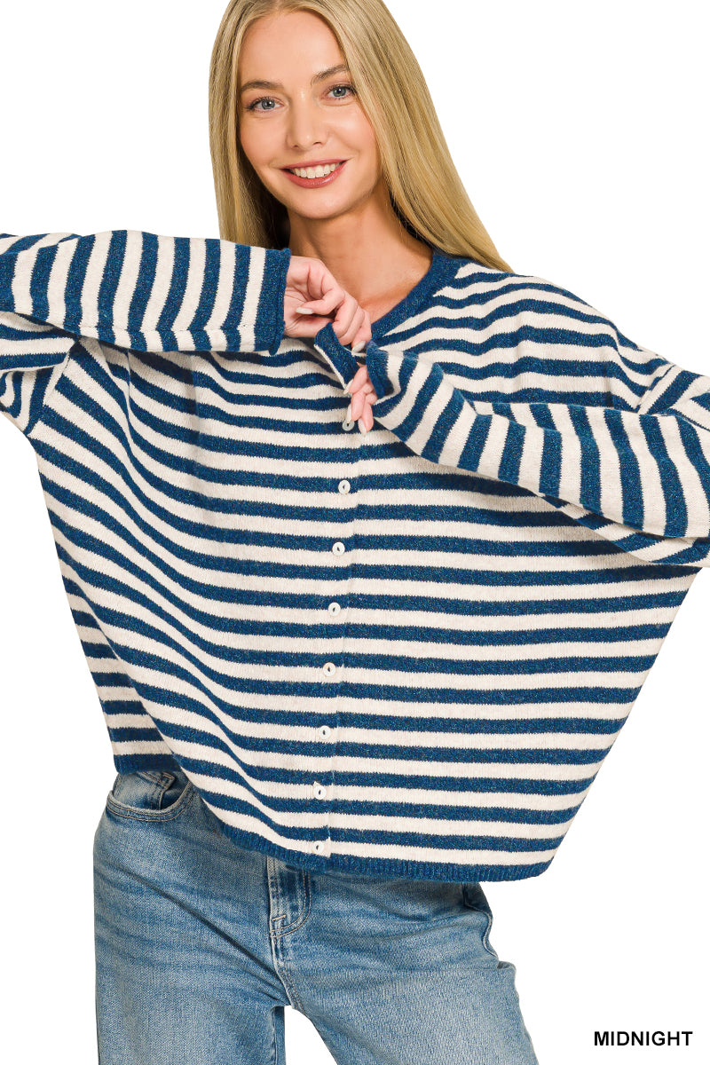 Striped Wool Blend Rolled Edge Button Down Sweater Cardigan