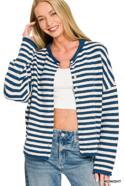 Striped Wool Blend Rolled Edge Button Down Sweater Cardigan