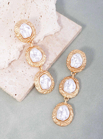 Triple Pearl Hammered Oval Drop Earrings