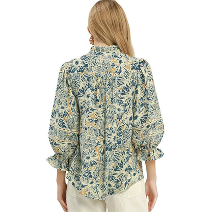 Floral Print Lace Trim Button Front Blouse - Umgee