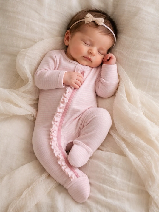 Pink Stripe / Ribbed Frill 2-Way Zip Footie - Infant