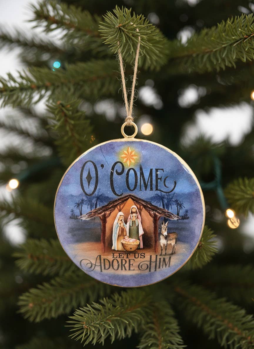 O' Come Let Us Adore Him Nativity Ornament 4" - Metal