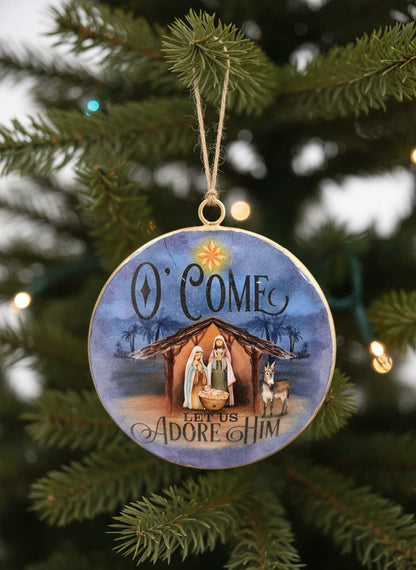 O' Come Let Us Adore Him Nativity Ornament 4" - Metal