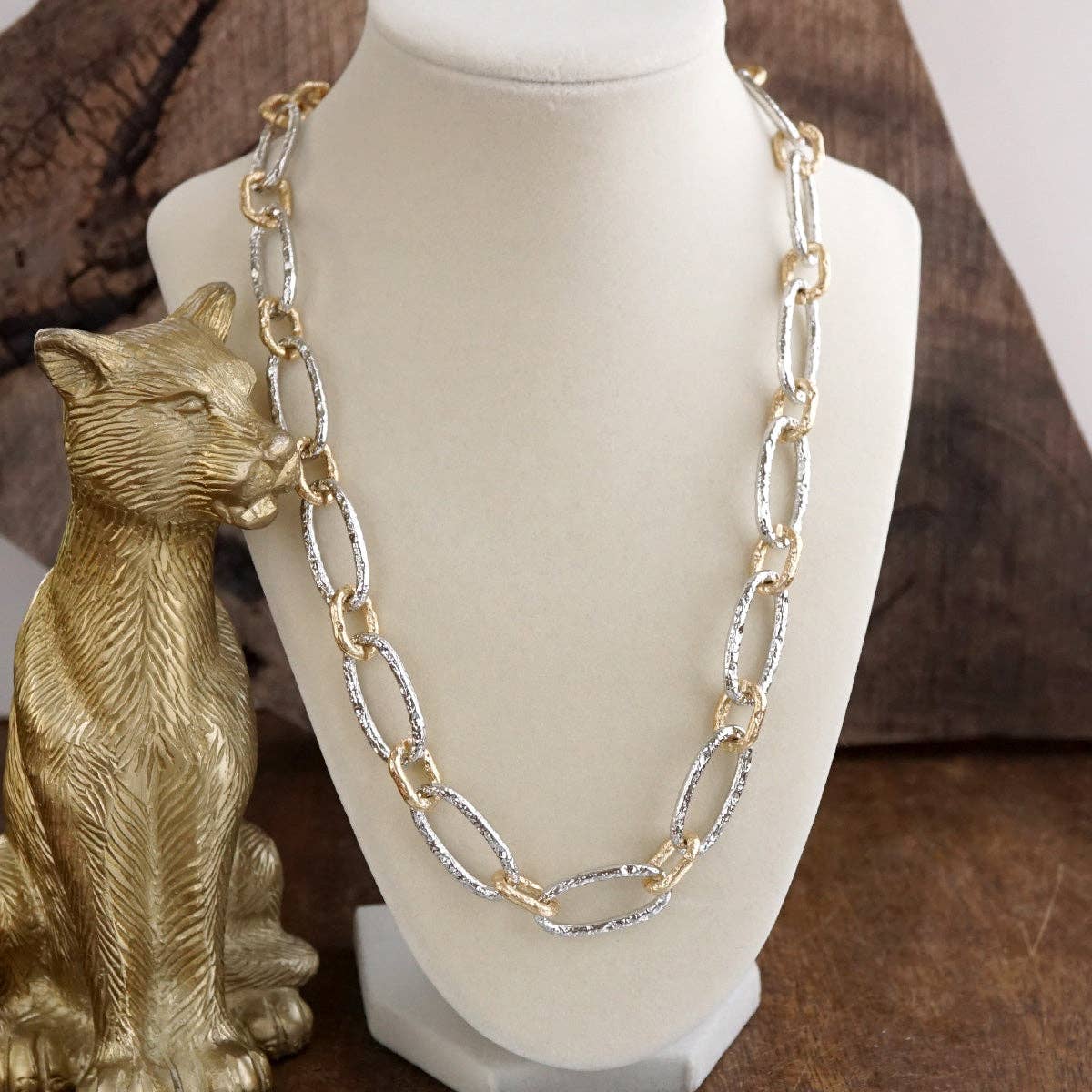 Elongated Textured Two Tone Chain Necklace