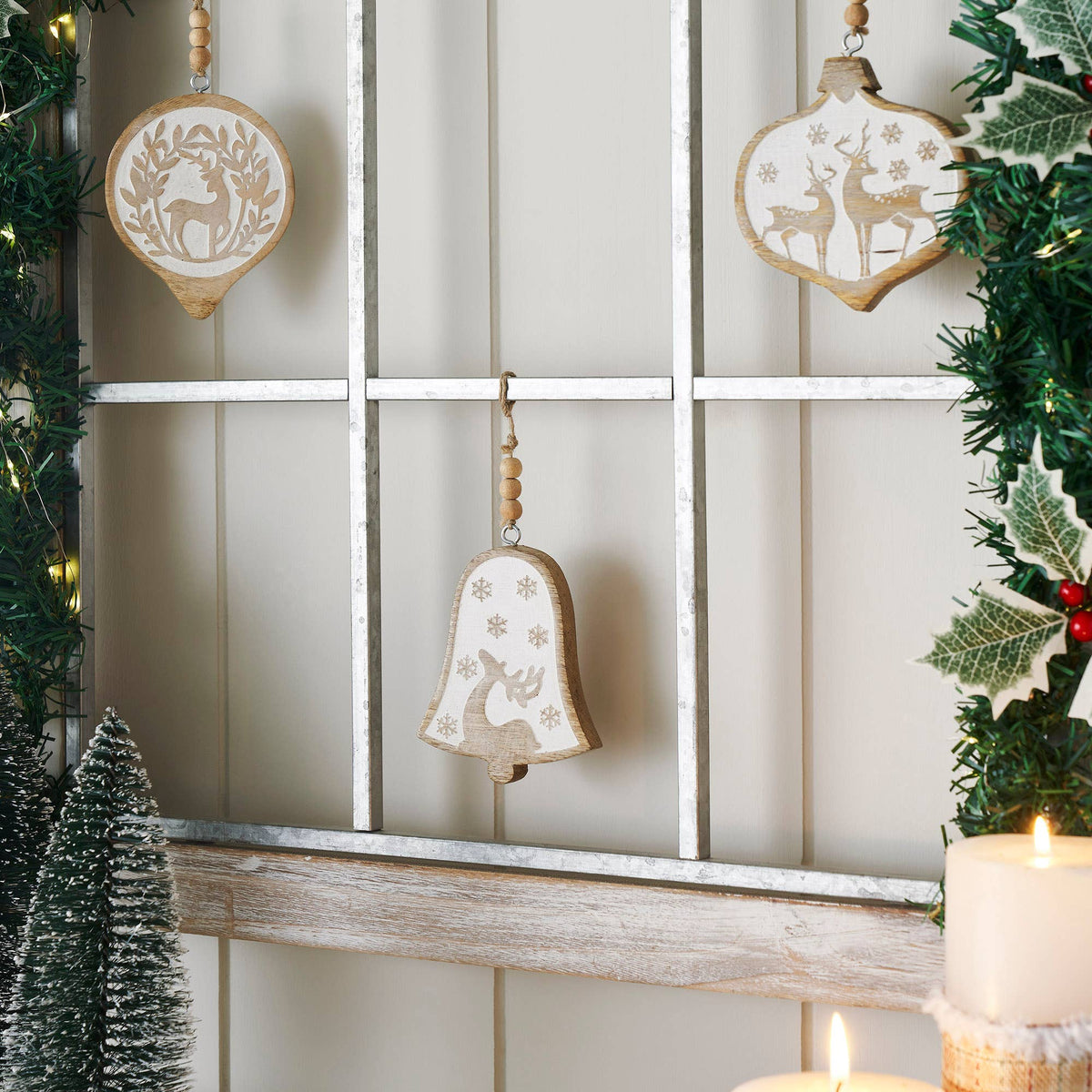 White Washed Winter Forest Deer Wooden Christmas Ornament - 3 Designs
