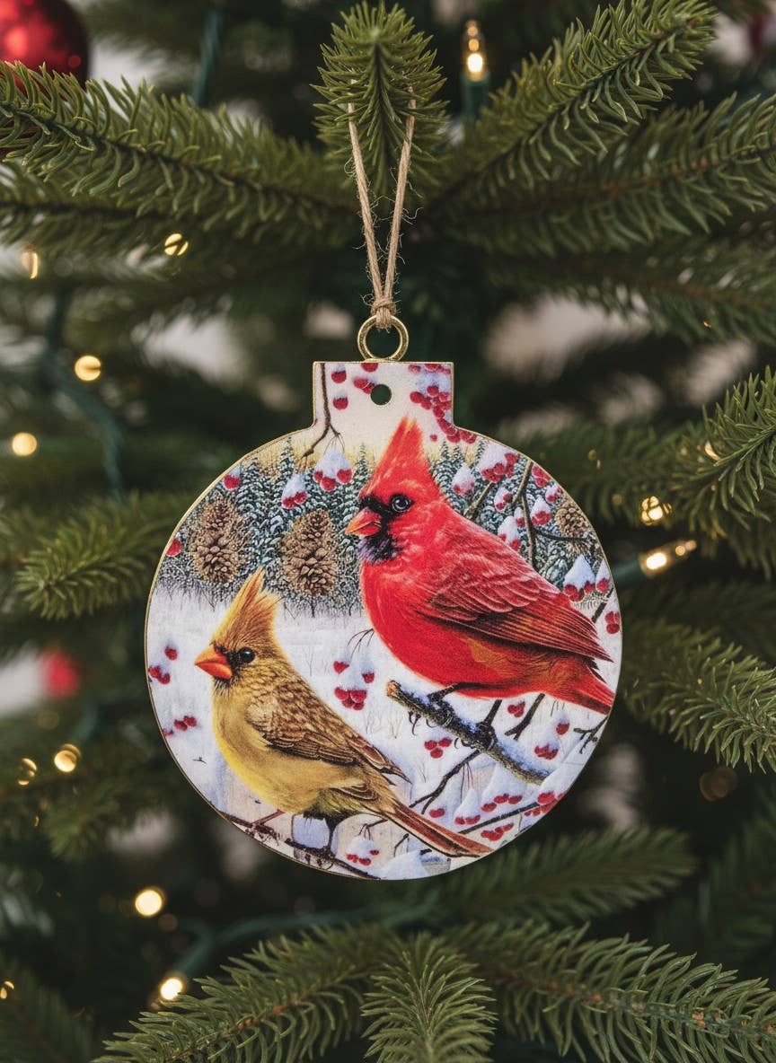 Cardinal Couple Metal Christmas Ornament 4.25in