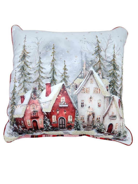 Winter Homes Christmas Pillow - Printed, Beaded & Embroidered