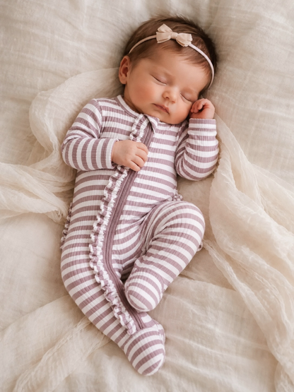 Baby Girl Violet Stripe / Ribbed Ruffle 2-Way Zip Footie