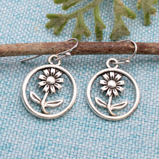 Dainty Daisy Silver Tone Circle Flower Earrings