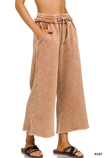Acid Washed Fleece Lined Palazzo Cropped Sweatpants With Pockets