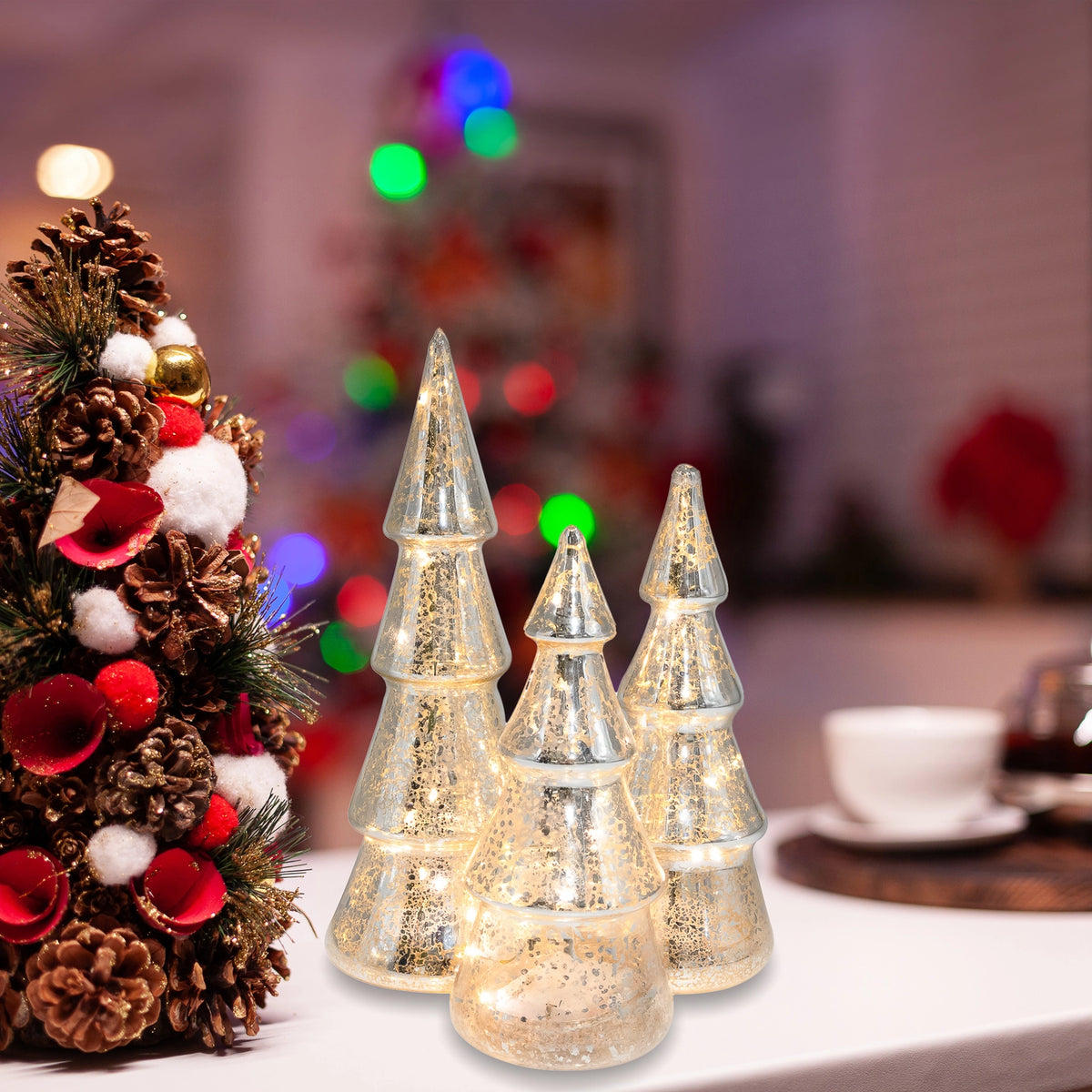 Silver Mercury Glass Lighted Trees with Timer - 3 Sizes