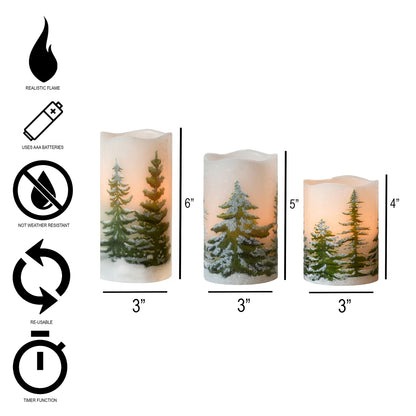 Snowy Pine Tree LED Flameless Pillar Candle - 3 Sizes