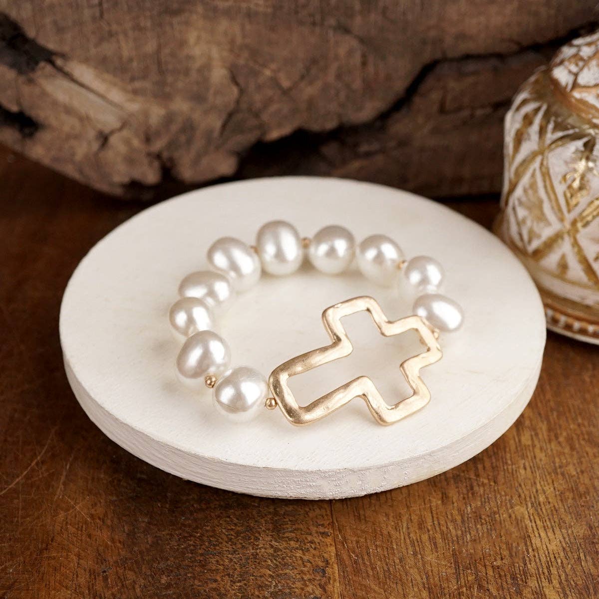 Chunky Pearl Cross Bracelet - Gold or Silver Tone