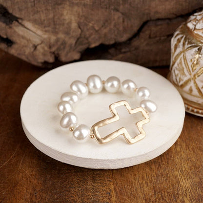 Chunky Pearl Cross Bracelet - Gold or Silver Tone