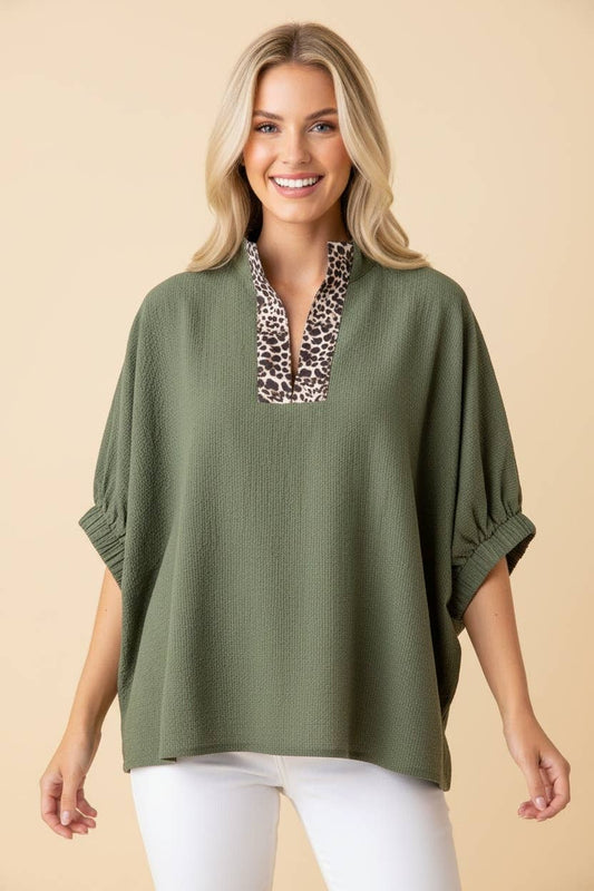 Animal Print Textured V-Neck Top