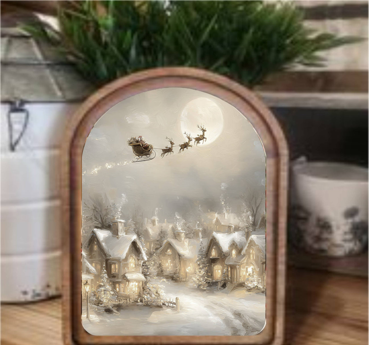 Flying Sleigh Framed Art - Arch Top