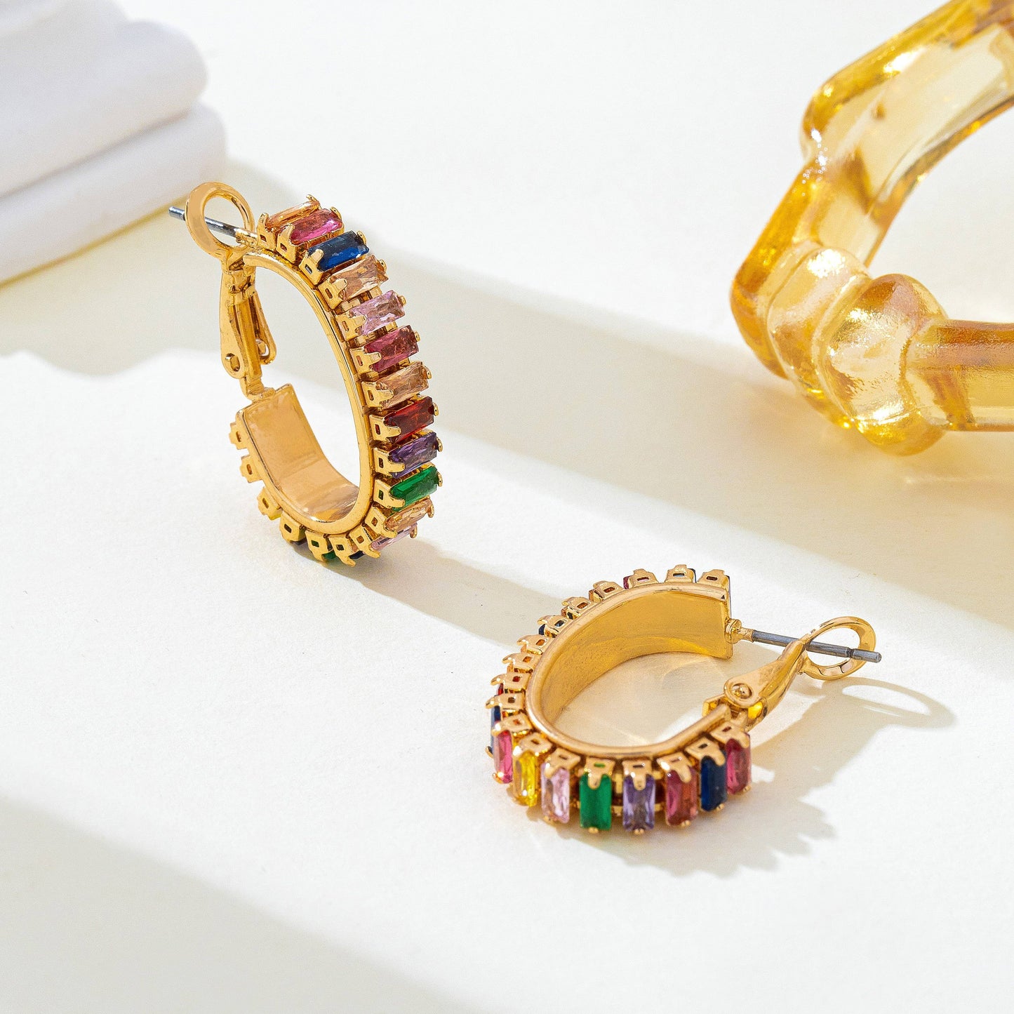 Multicolor Baguette Crystal Hoop Earrings