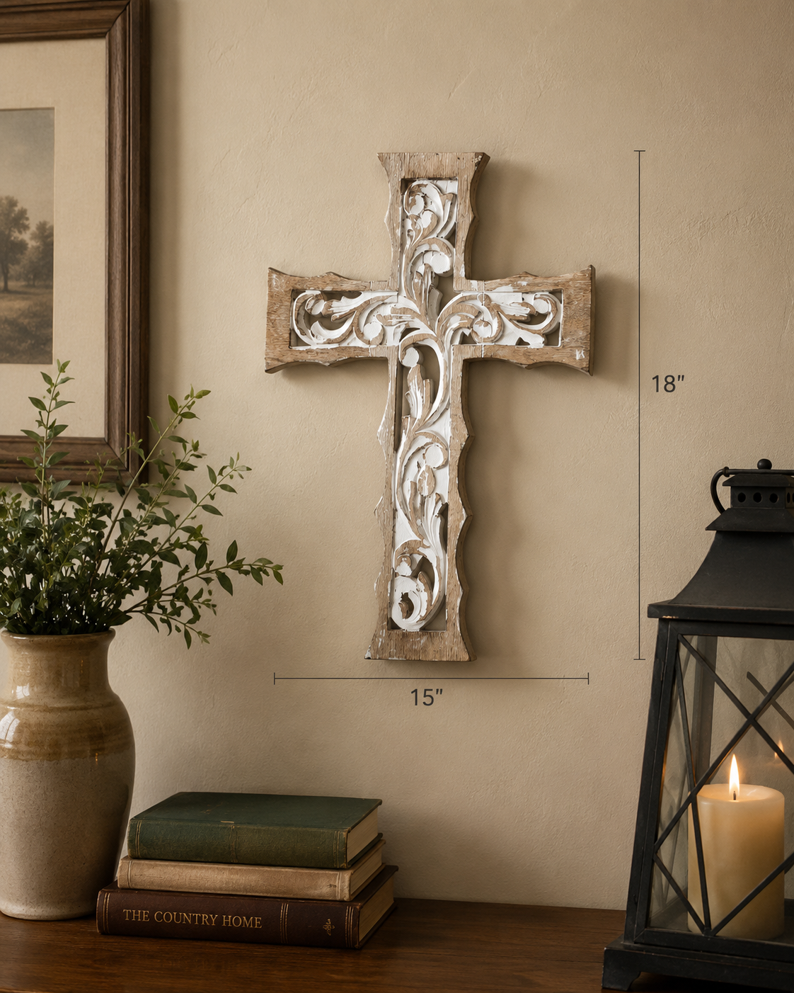 Distressed White Carved Wooden Cross Wall Decor 18" X 12"
