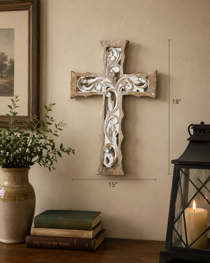 Distressed White Carved Wooden Cross Wall Decor 18" X 12"
