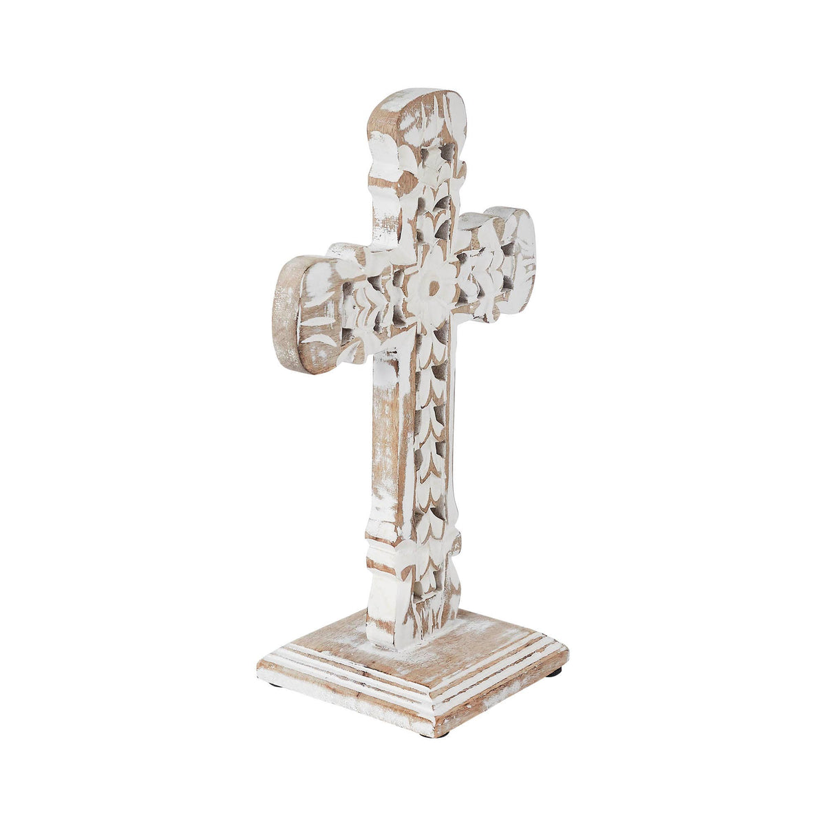 Natural Distressed White Wooden Cross w/ Rosette