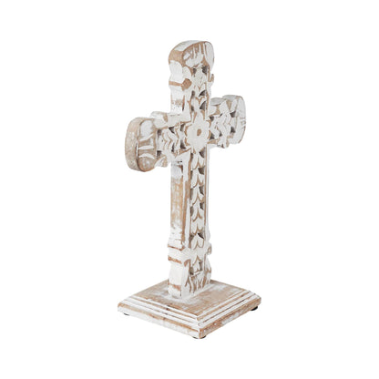 Natural Distressed White Wooden Cross w/ Rosette