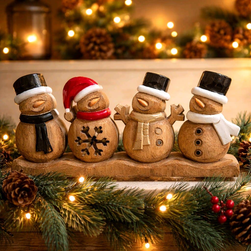 Wood Carved Snowman Family Tabletop Decor