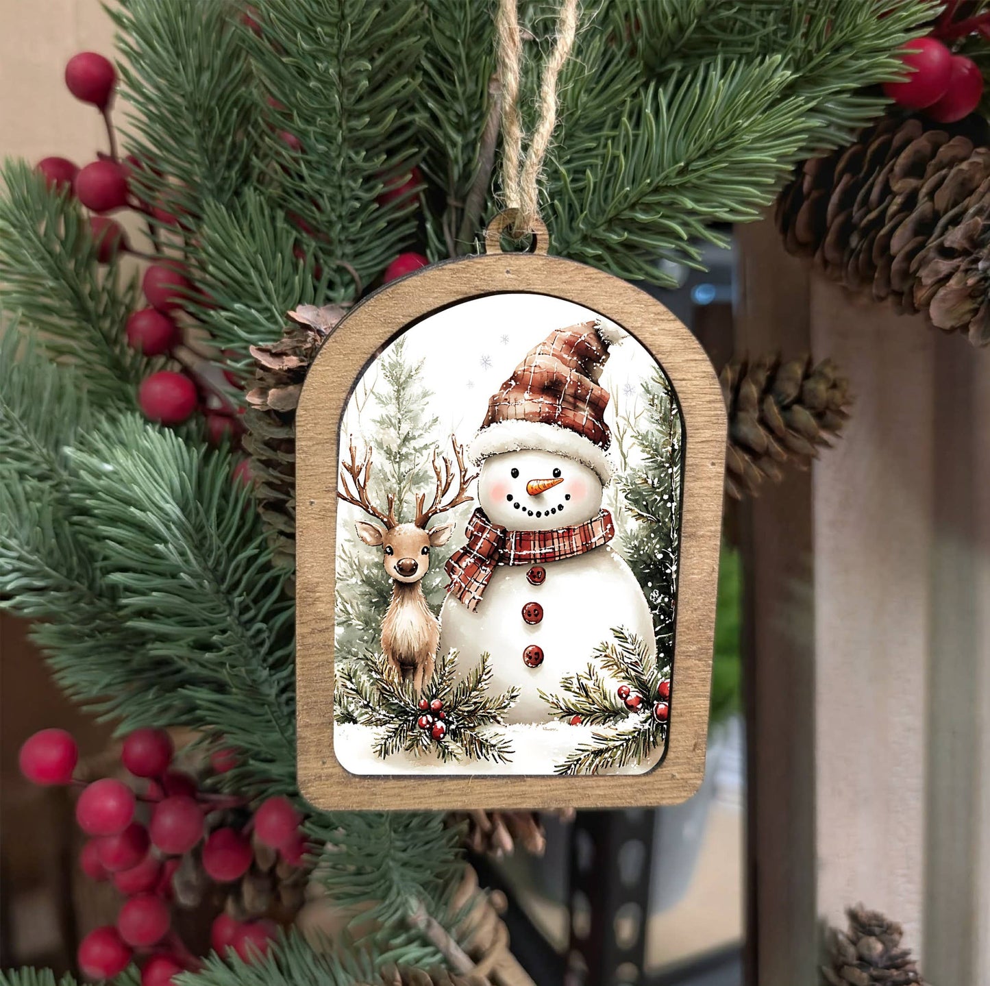 Framed Arch Ornament Snowman and Deer