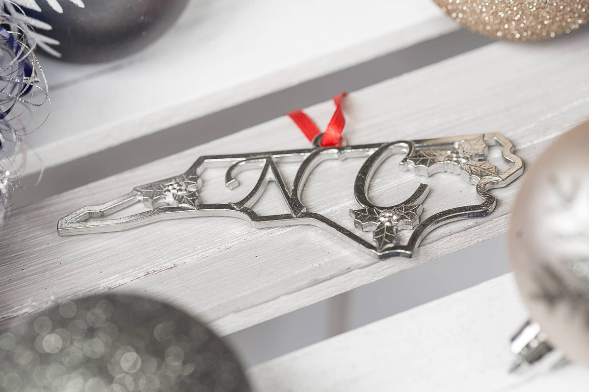 North Carolina Pewter Ornament - NC & Holly