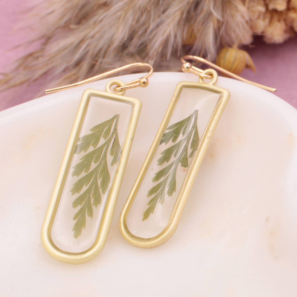 Gold Bar Green Dried Flower Fern Earrings