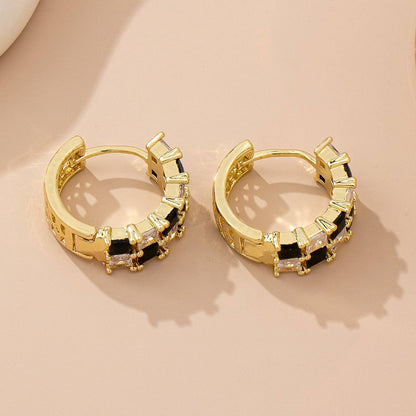 Checker Black & Crystal Hoop Earrings