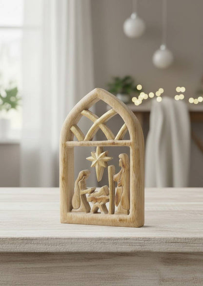 Wooden Nativity Scene Stable 9" x 6" WOoden with Gold Accent