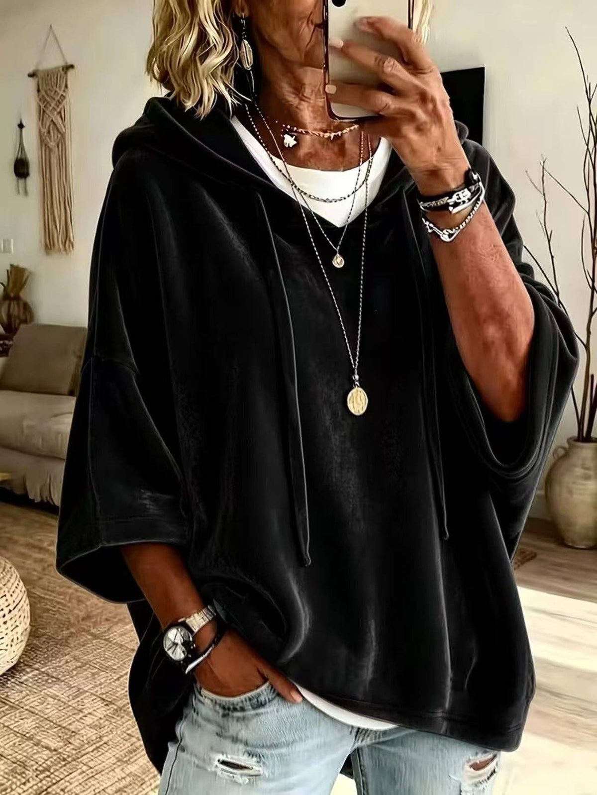 Velvet Hooded Poncho Top Oversized 3/4 Sleeve