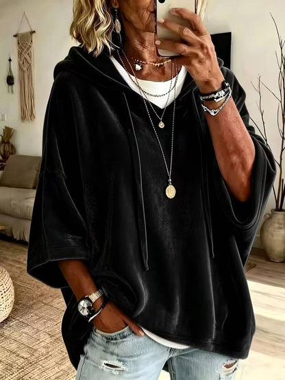 Velvet Hooded Poncho Top Oversized 3/4 Sleeve