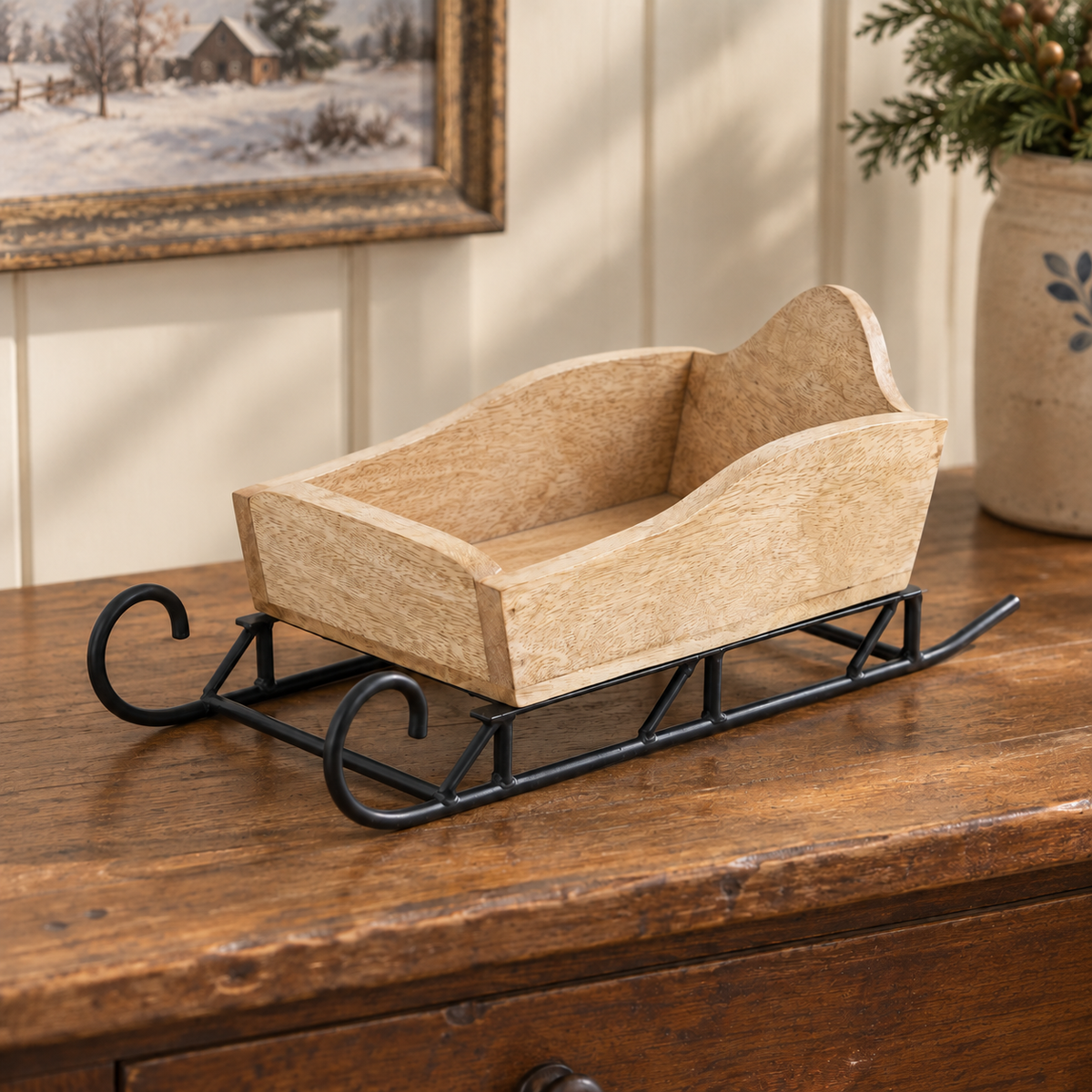 Natural Wood Christmas Sleigh Tabletop Decor