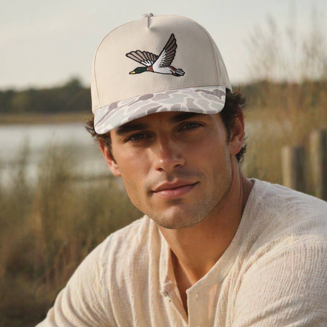Flying Mallard Duck Embroidered Camo Brim Hat