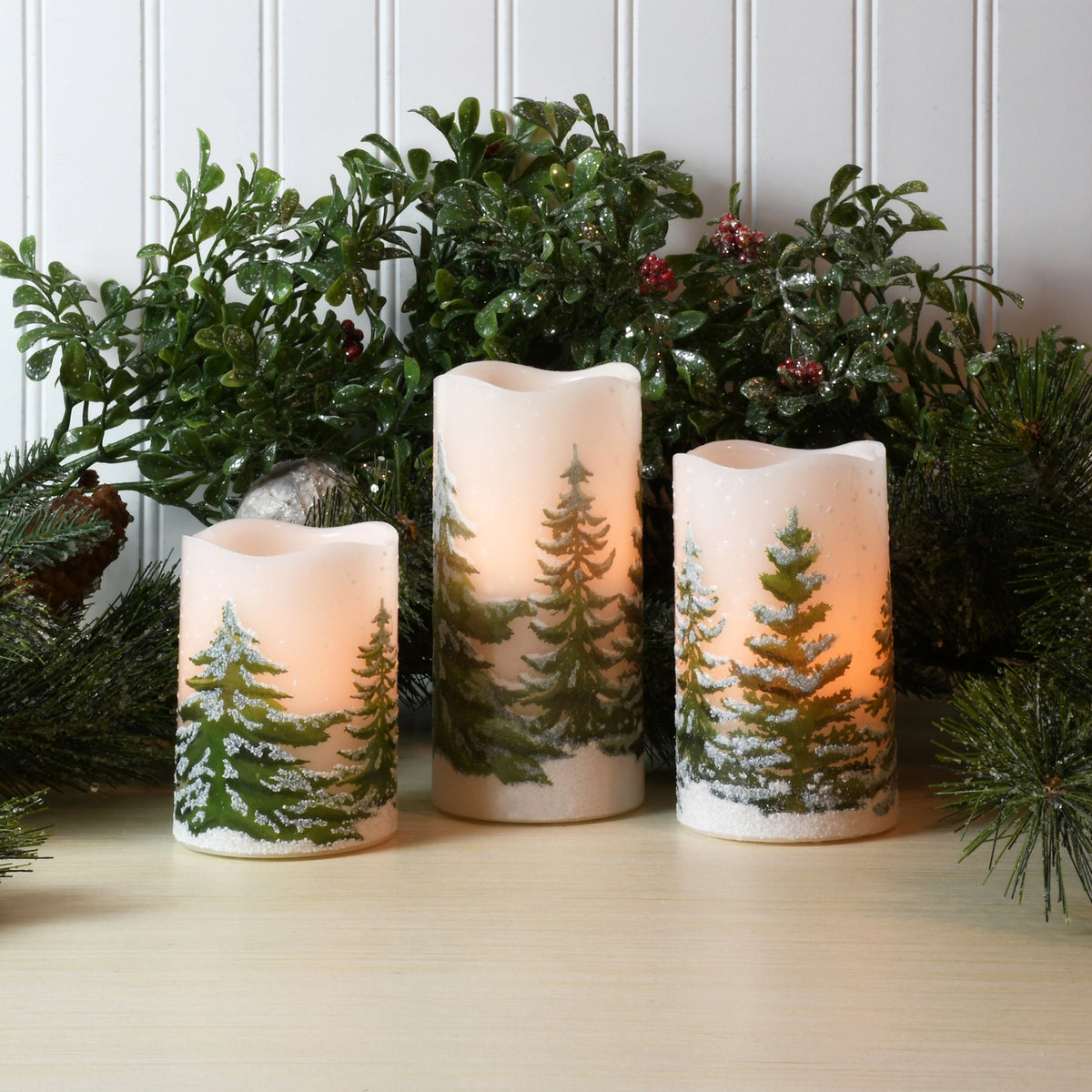 Snowy Pine Tree LED Flameless Pillar Candle - 3 Sizes