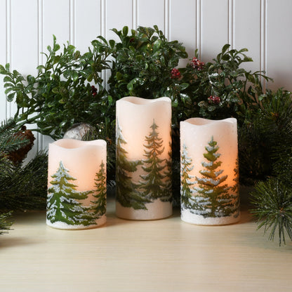 Snowy Pine Tree LED Flameless Pillar Candle - 3 Sizes