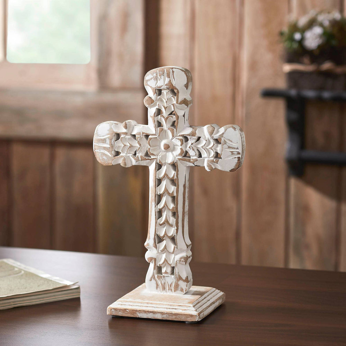 Natural Distressed White Wooden Cross w/ Rosette