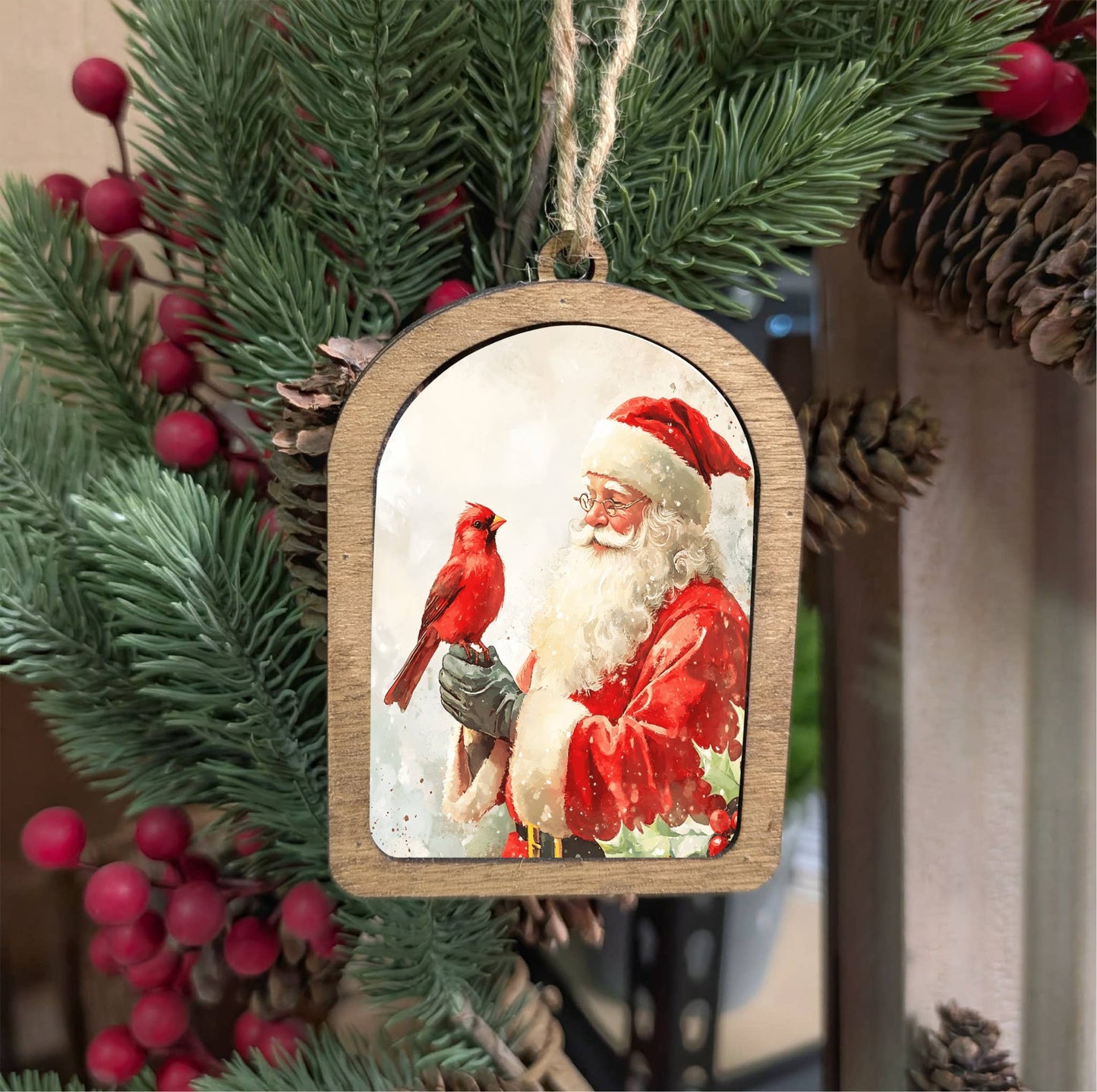 Framed Arch Ornament Cardinal Santa